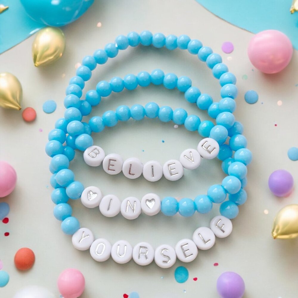 HANDMADE Believe in Yourself Inspirational Blue and White Beaded Bracelet Set